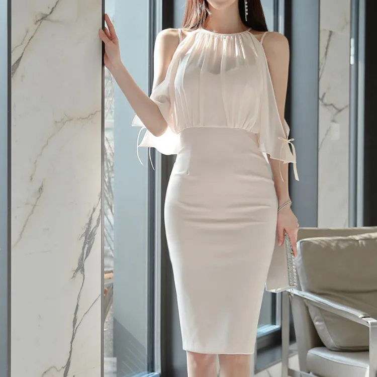 Chiffon splicing fake two-piece set, shoulder-slipping splicing waist and thin hip skirt